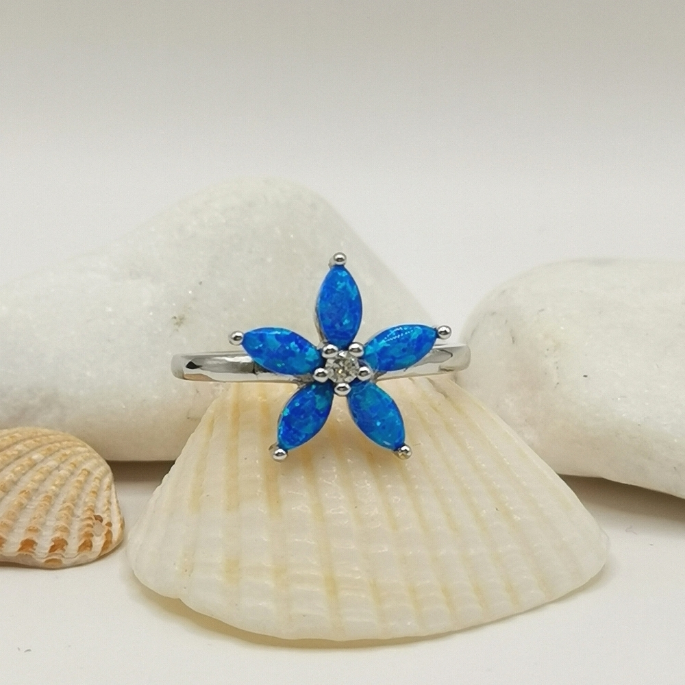 Blue opal CZ Flower Sterling silver ring size 6 🆕 - Picture 4 of 8